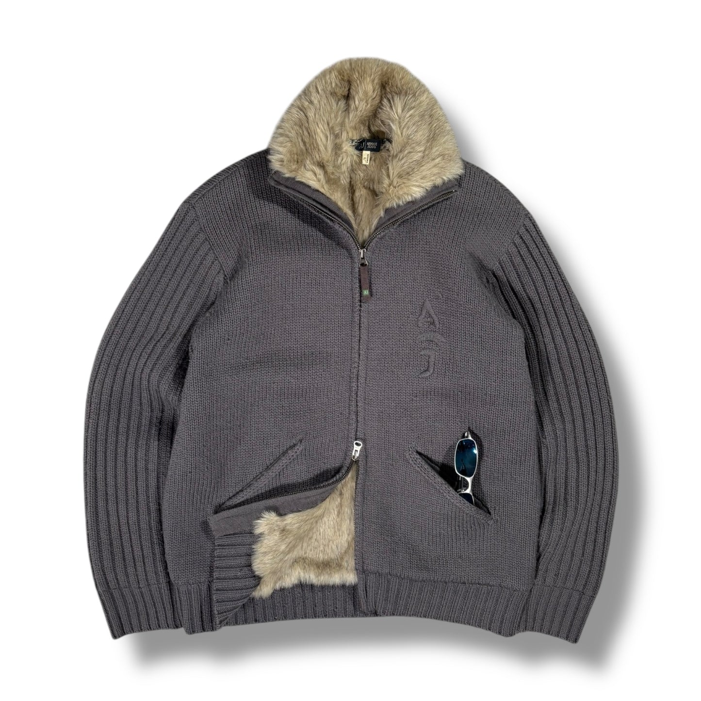 Armani 00’s Faux Fur Full Zip Knit Jumper Large