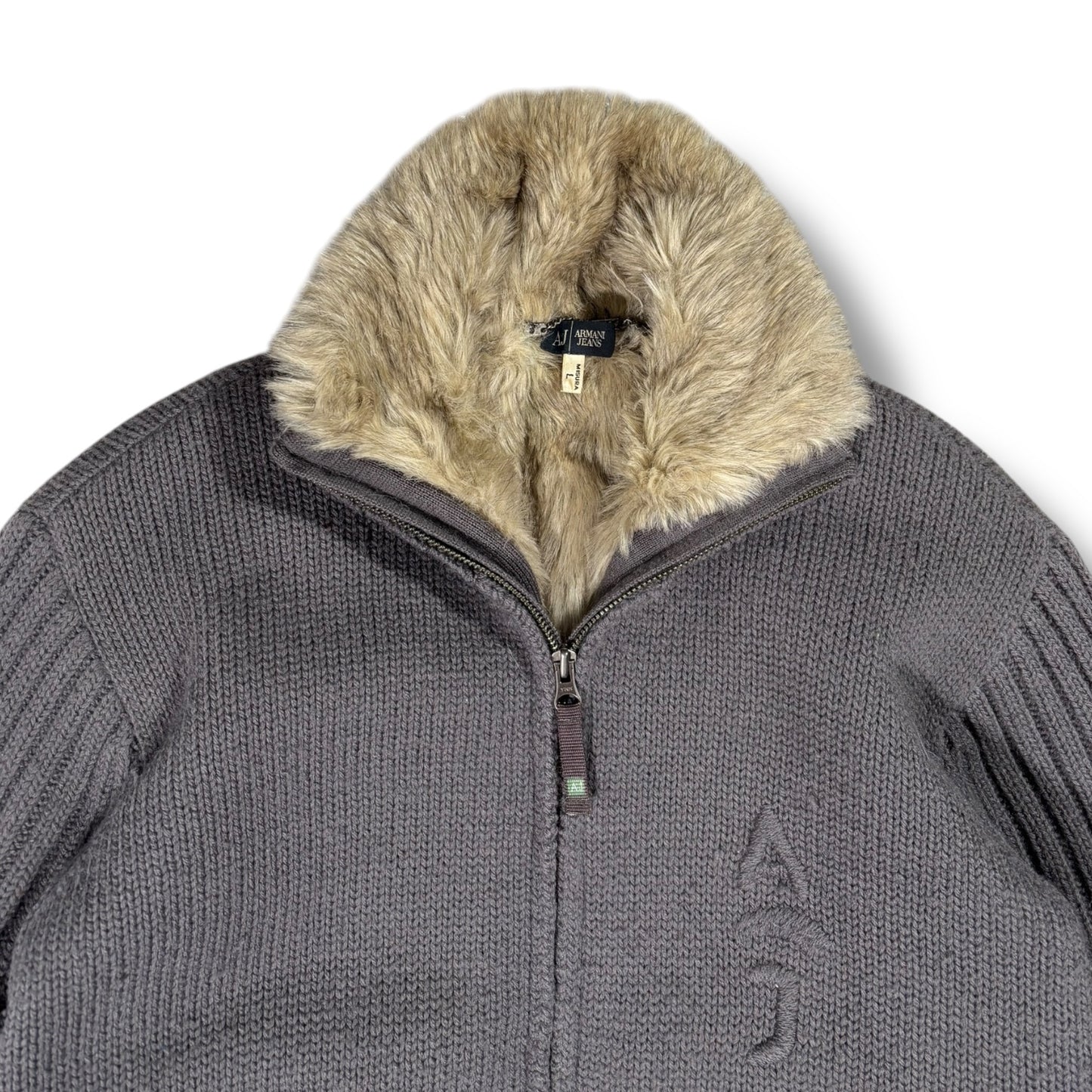 Armani 00’s Faux Fur Full Zip Knit Jumper Large