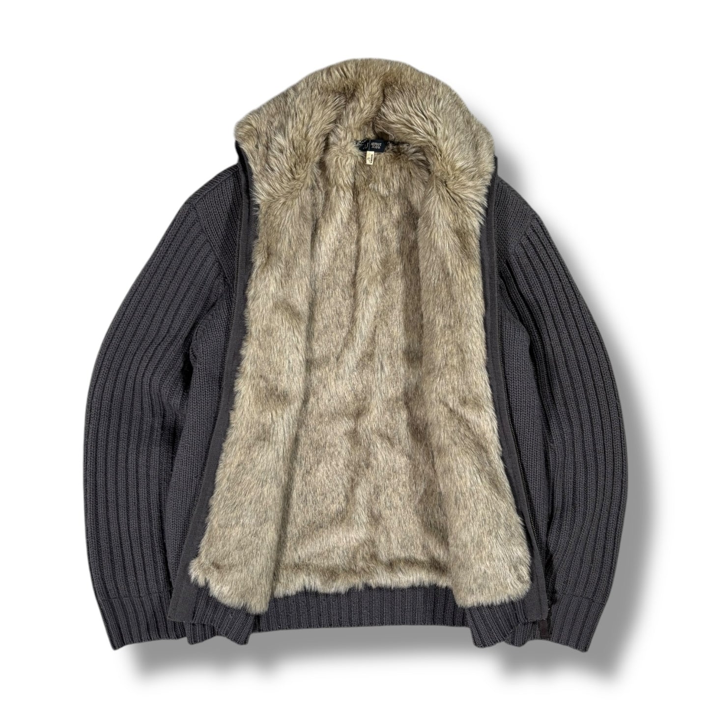 Armani 00’s Faux Fur Full Zip Knit Jumper Large