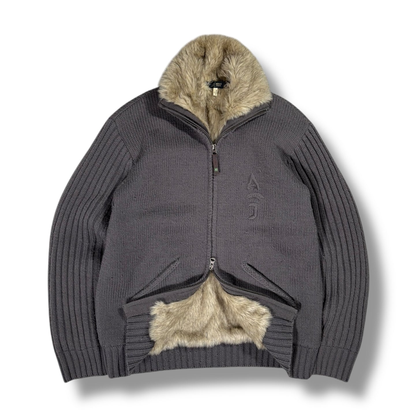 Armani 00’s Faux Fur Full Zip Knit Jumper Large