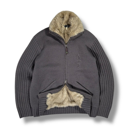 Armani 00’s Faux Fur Full Zip Knit Jumper Large