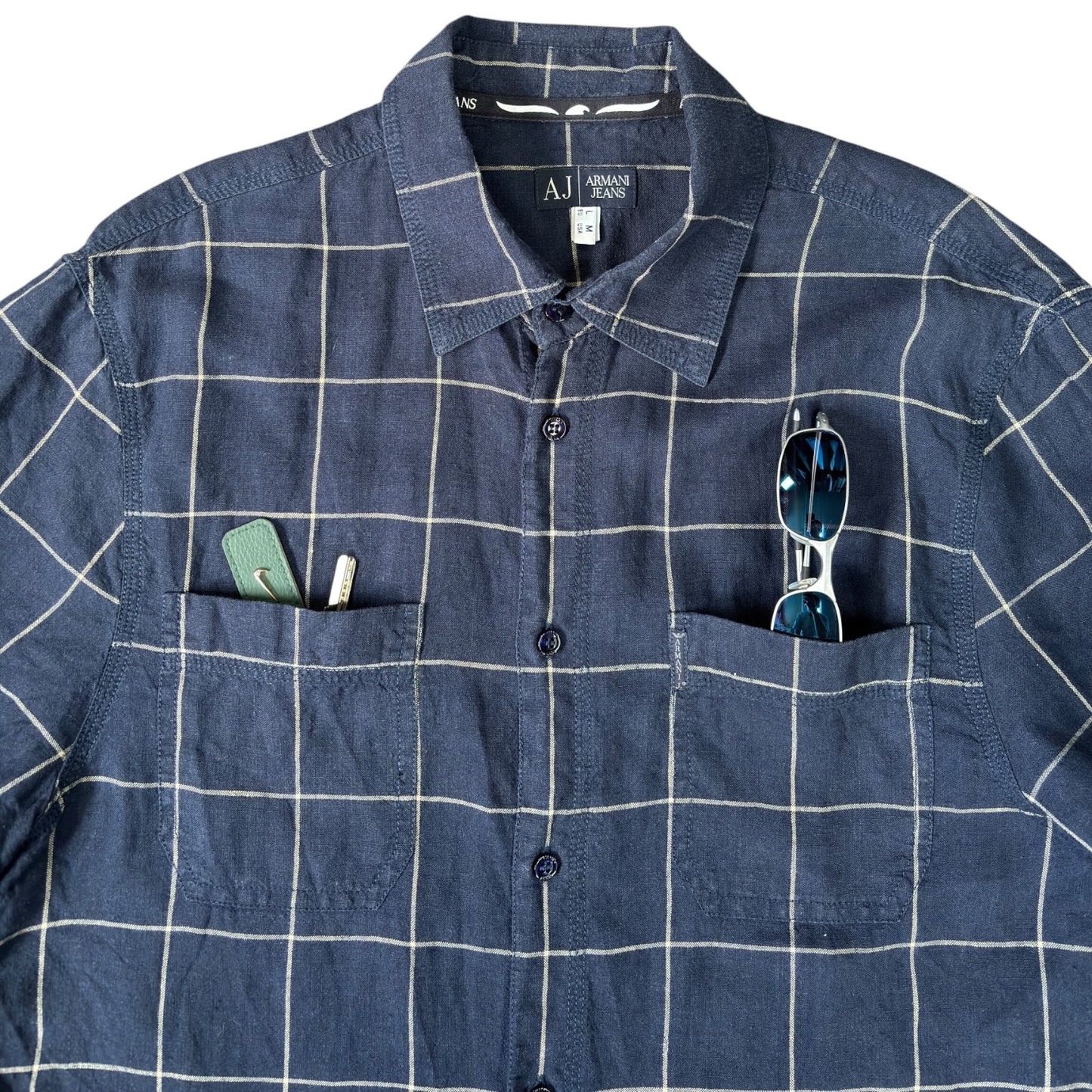 Armani Jeans 00’s Plaid Linen Short Sleeve Shirt M